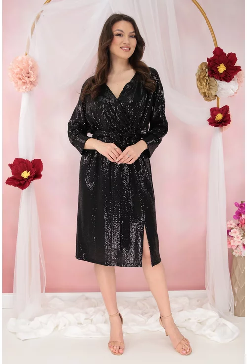 Rochie neagra de ocazie cu paiete si decolteu suprapus