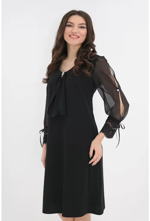Rochie neagra din voal cu mansete din dantela si perle