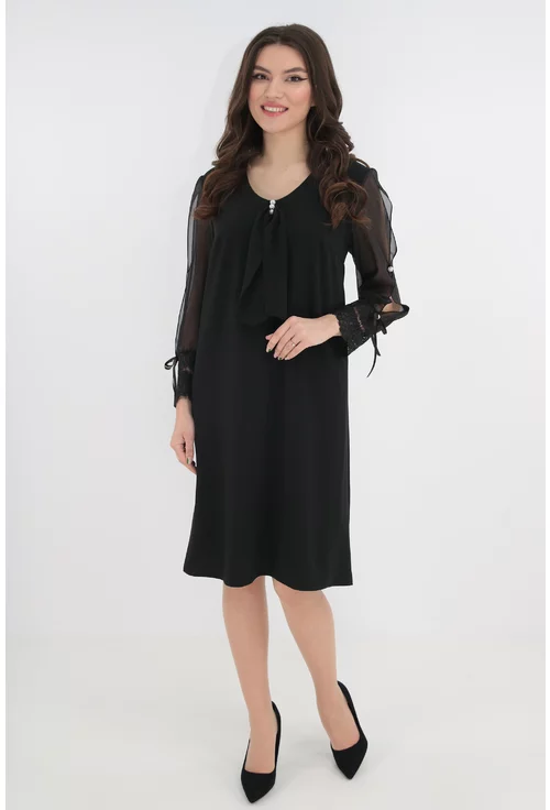 Rochie neagra din voal cu mansete din dantela si perle