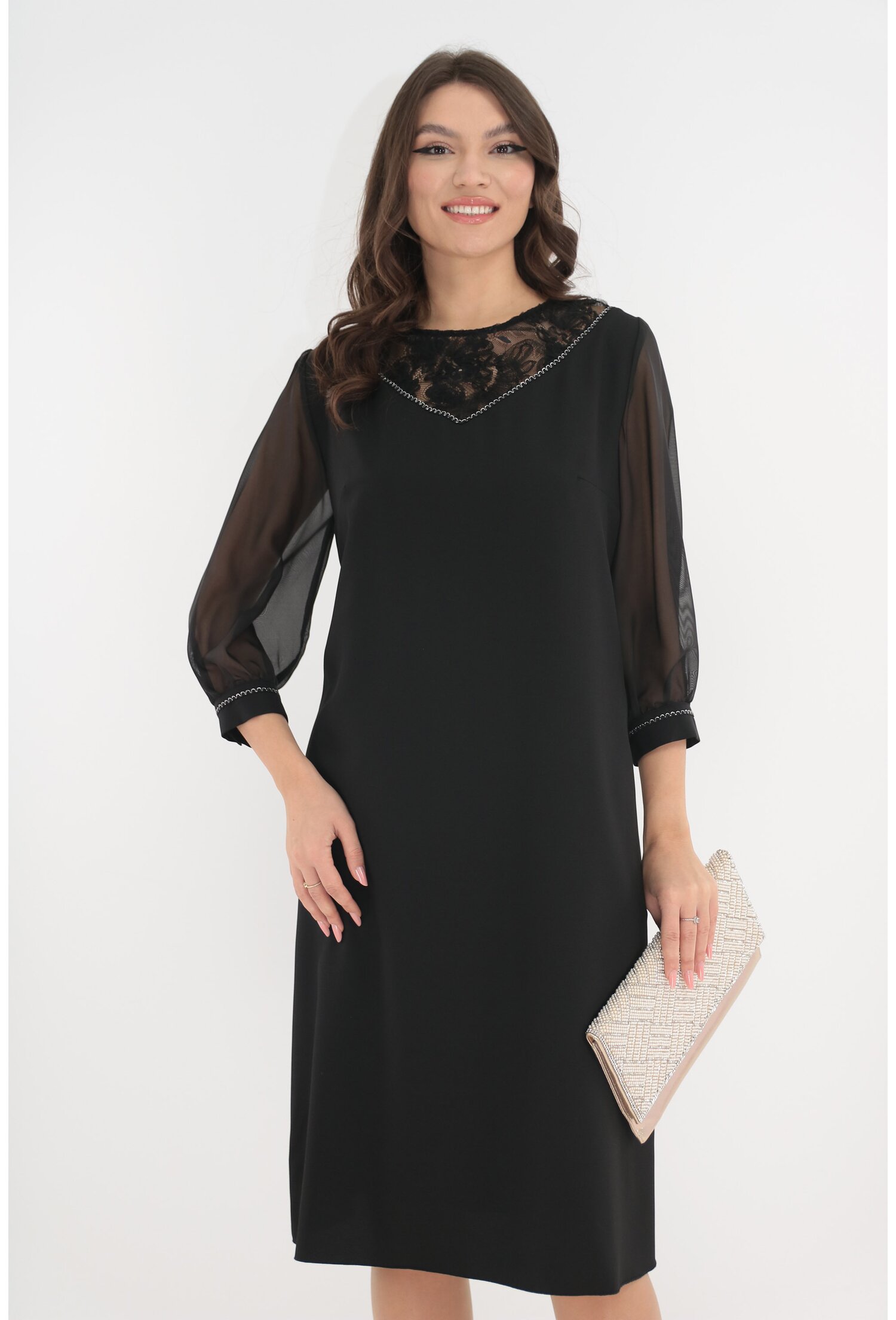 Rochie neagra eleganta cu dantela si fir argintiu