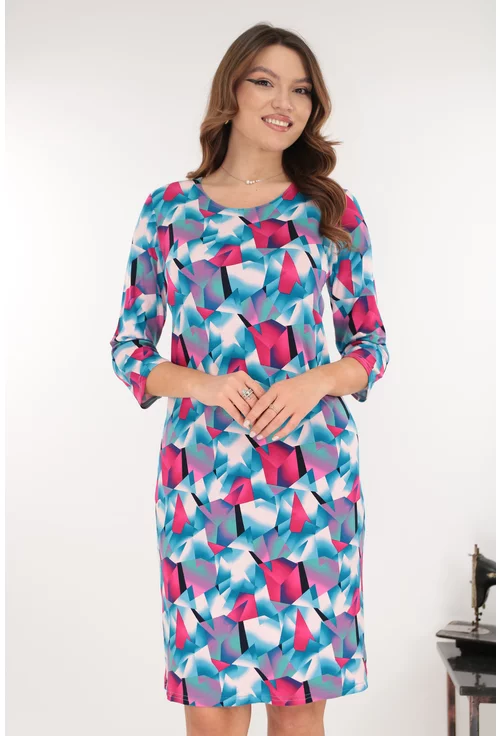 Rochie office albastra cu imprimeu geometric fucsia