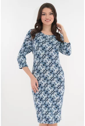 Rochie office albastra cu model abstract alb