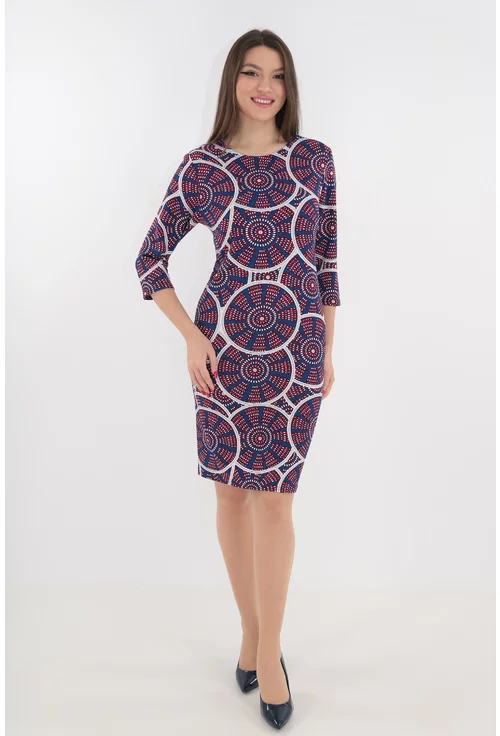 Rochie office albastra cu model geometric alb-rosu