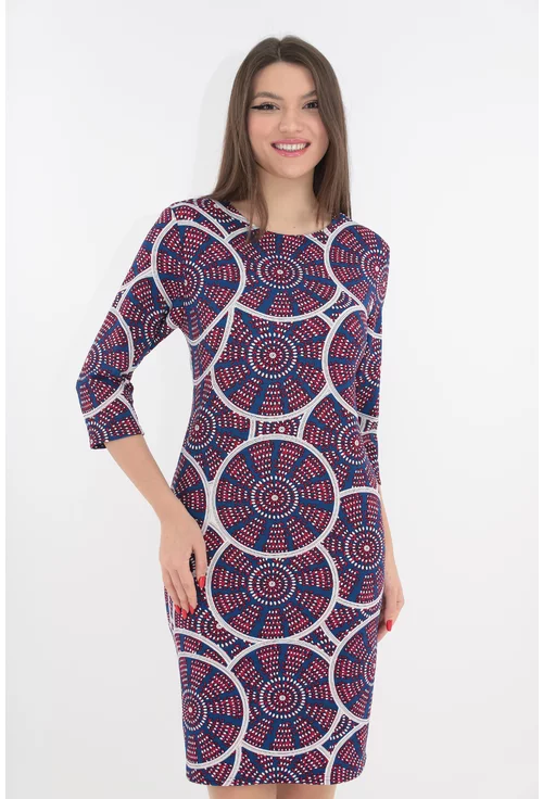 Rochie office albastra cu model geometric alb-rosu