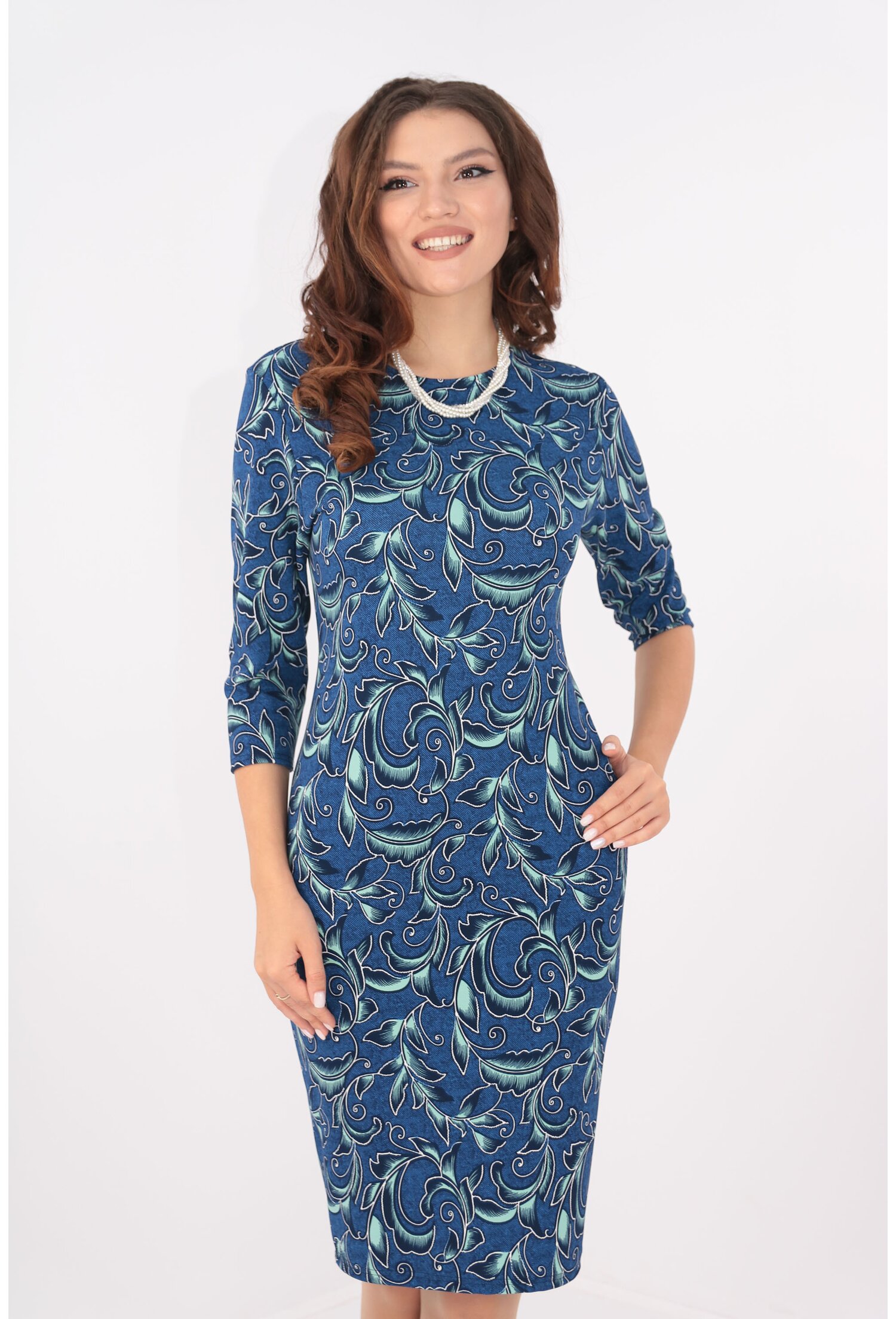 Rochie office albastra cu print floral turcoaz