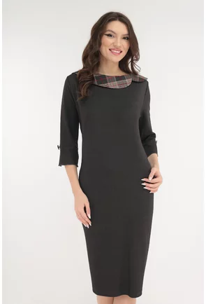 Rochie office antracit cu guler din stofa in carouri bordo