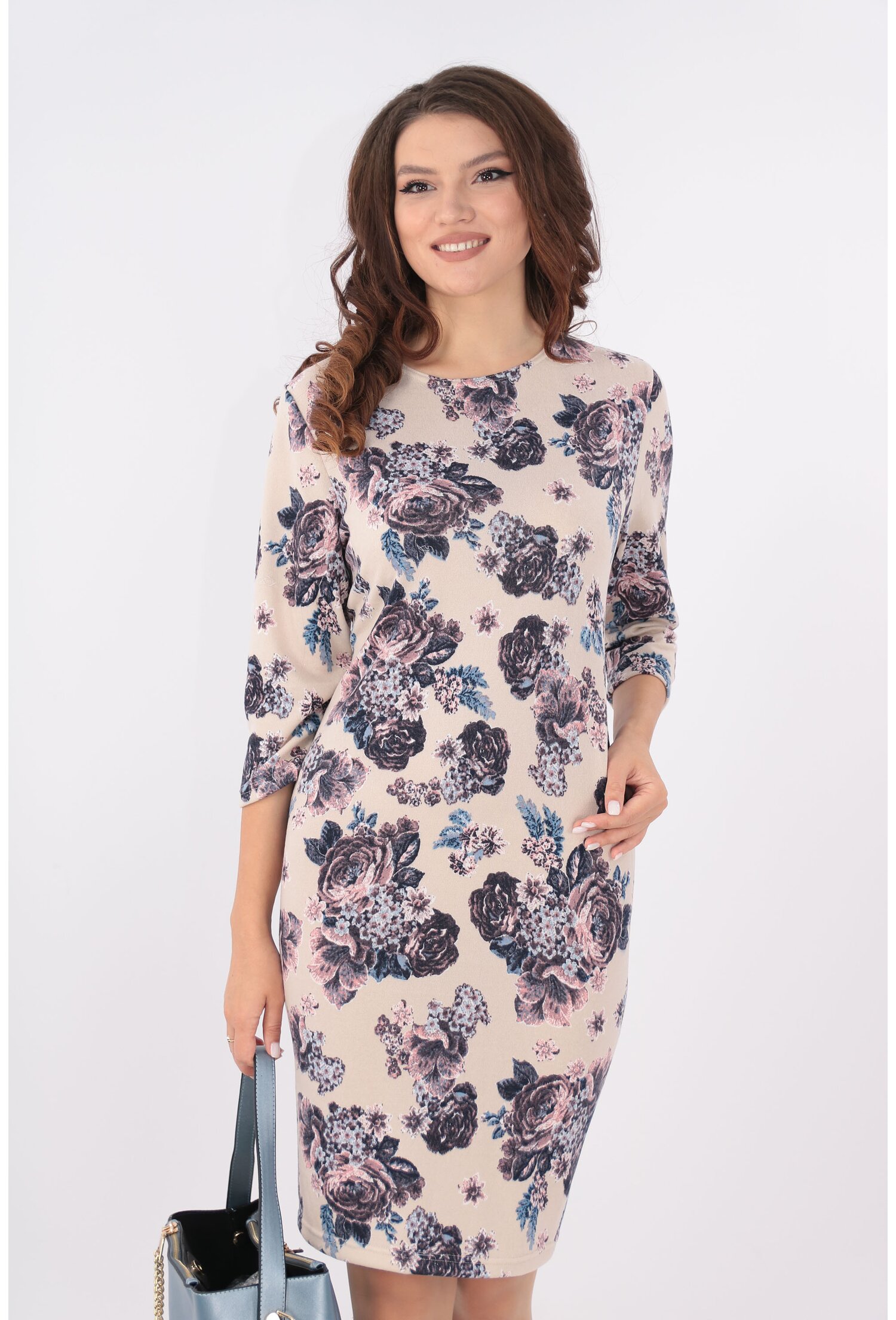 Rochie office bej cu trandafir violet