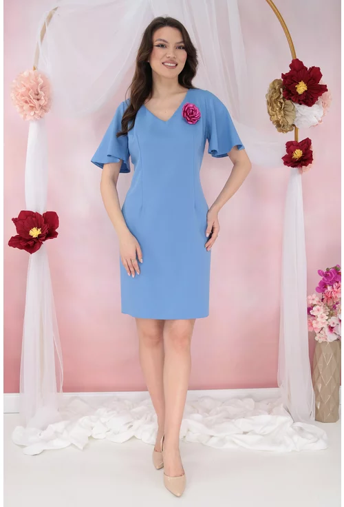 Rochie office bleu accesorizata cu brosa