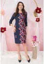Rochie office bleumarin cu buline albe si bordura florala