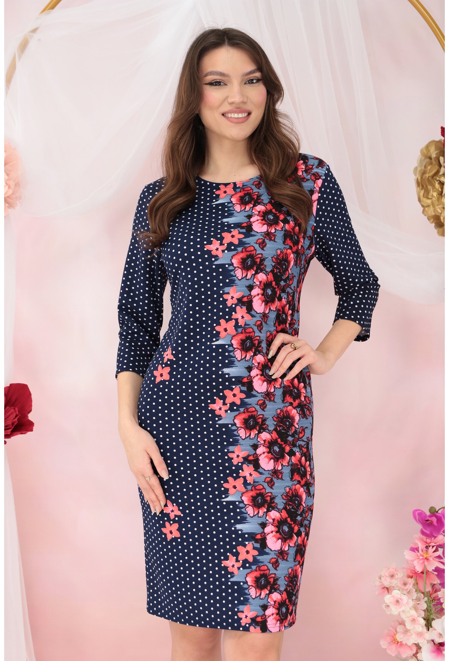 Rochie office bleumarin cu buline albe si bordura florala