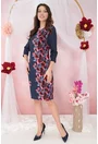Rochie office bleumarin cu buline albe si bordura florala