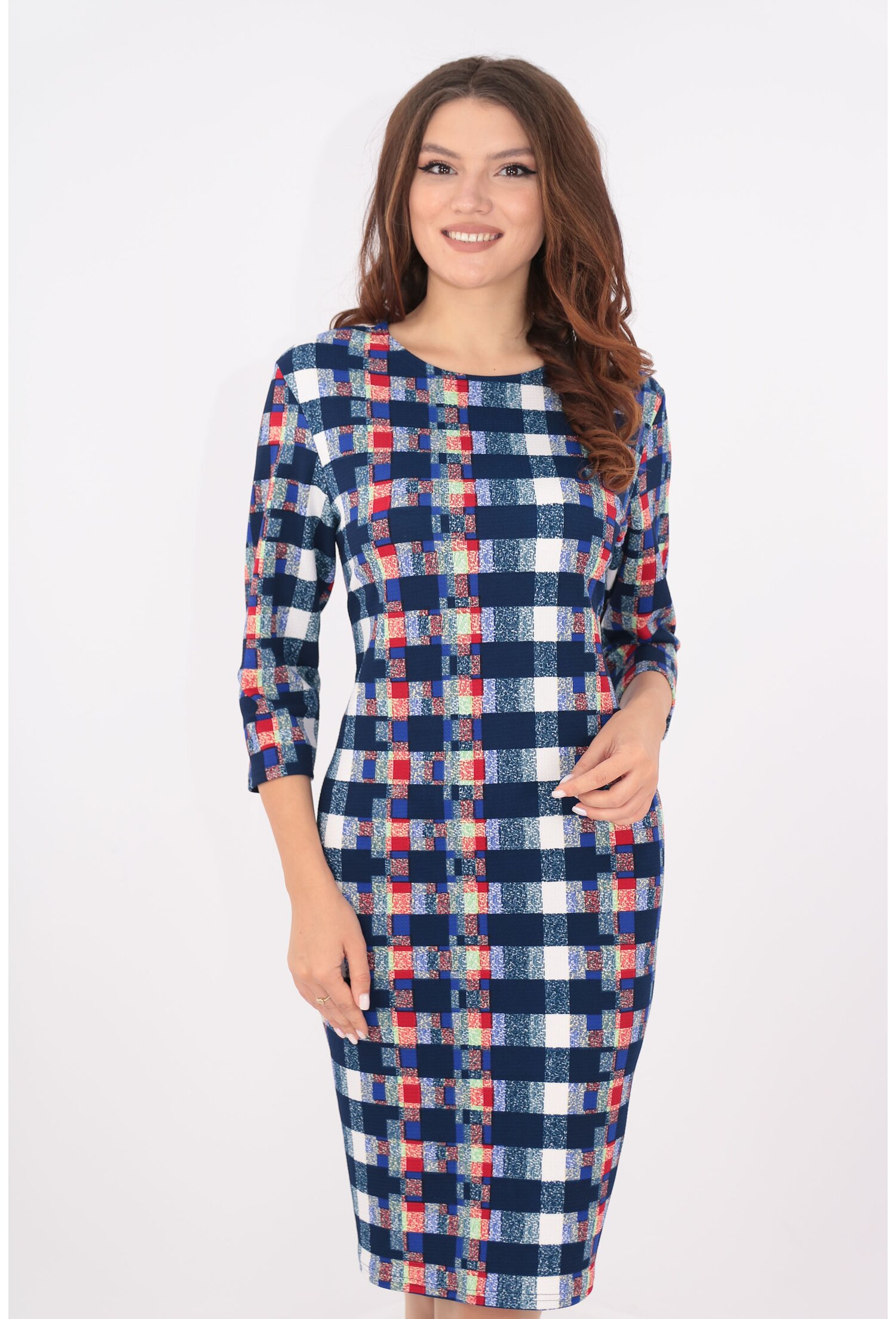 Rochie office bleumarin cu carouri mozaic