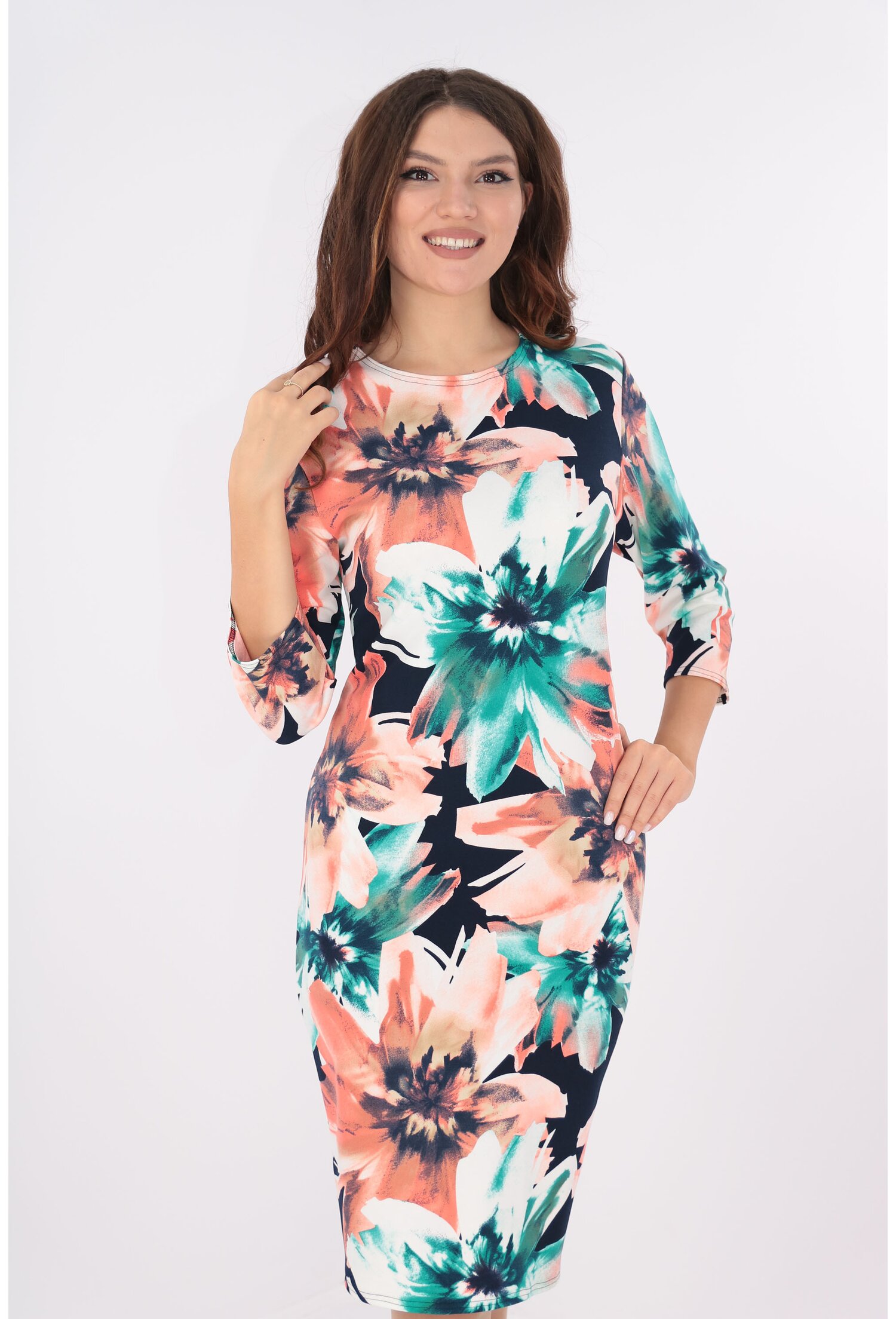 Rochie office bleumarin cu flori maxi corai si verzi