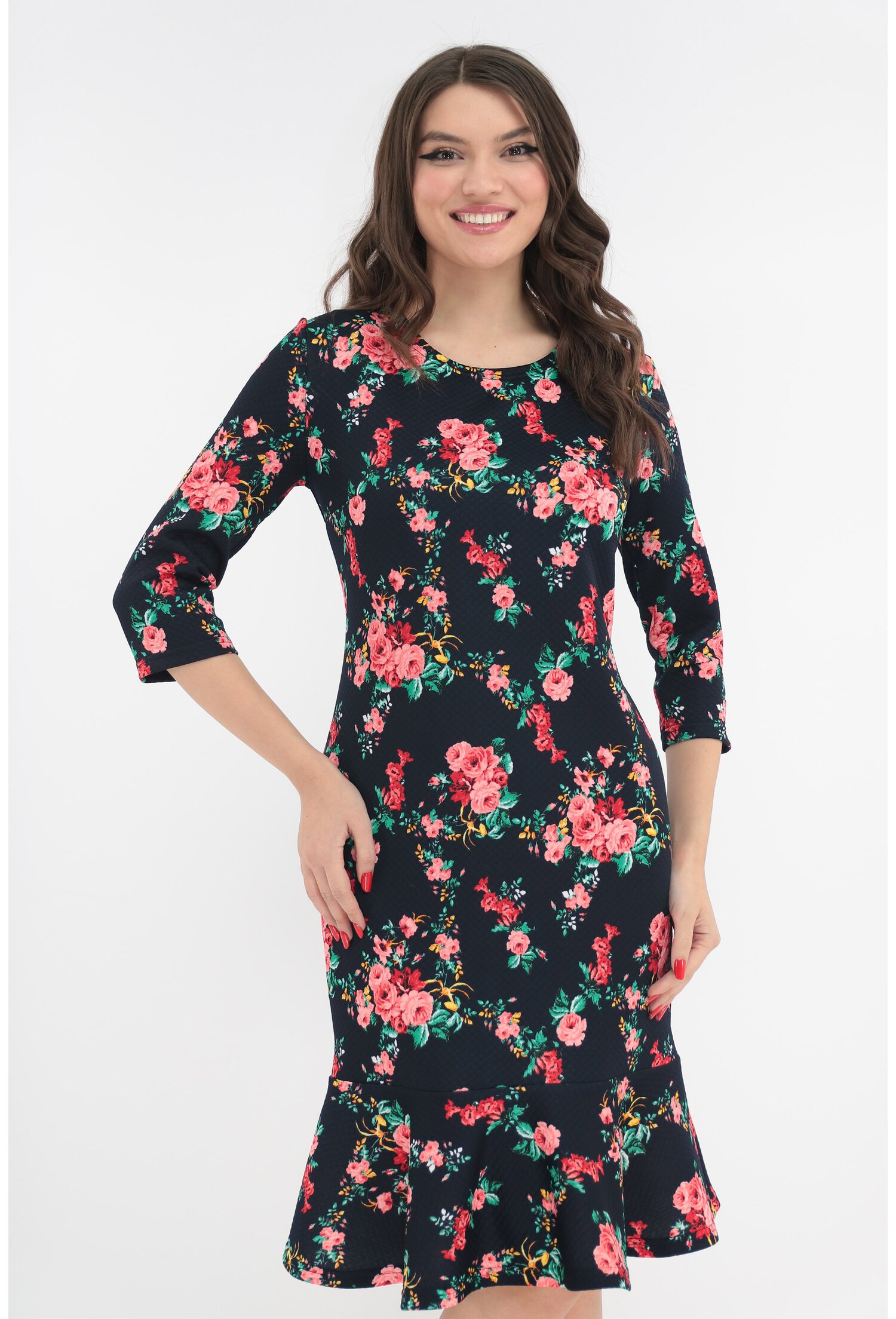 Poze Rochie office bleumarin cu flori rosii