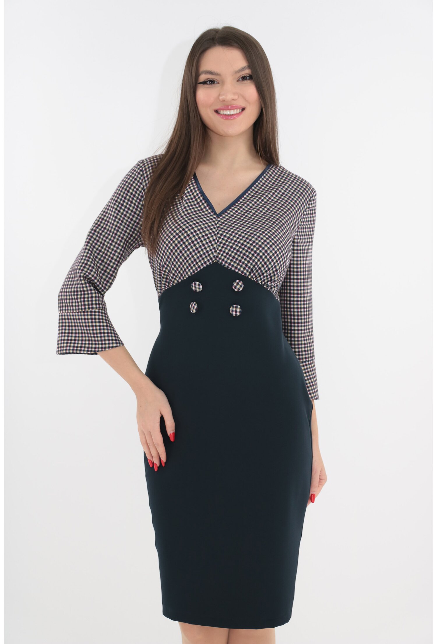 Rochie office bleumarin cu imprimeu in carouri