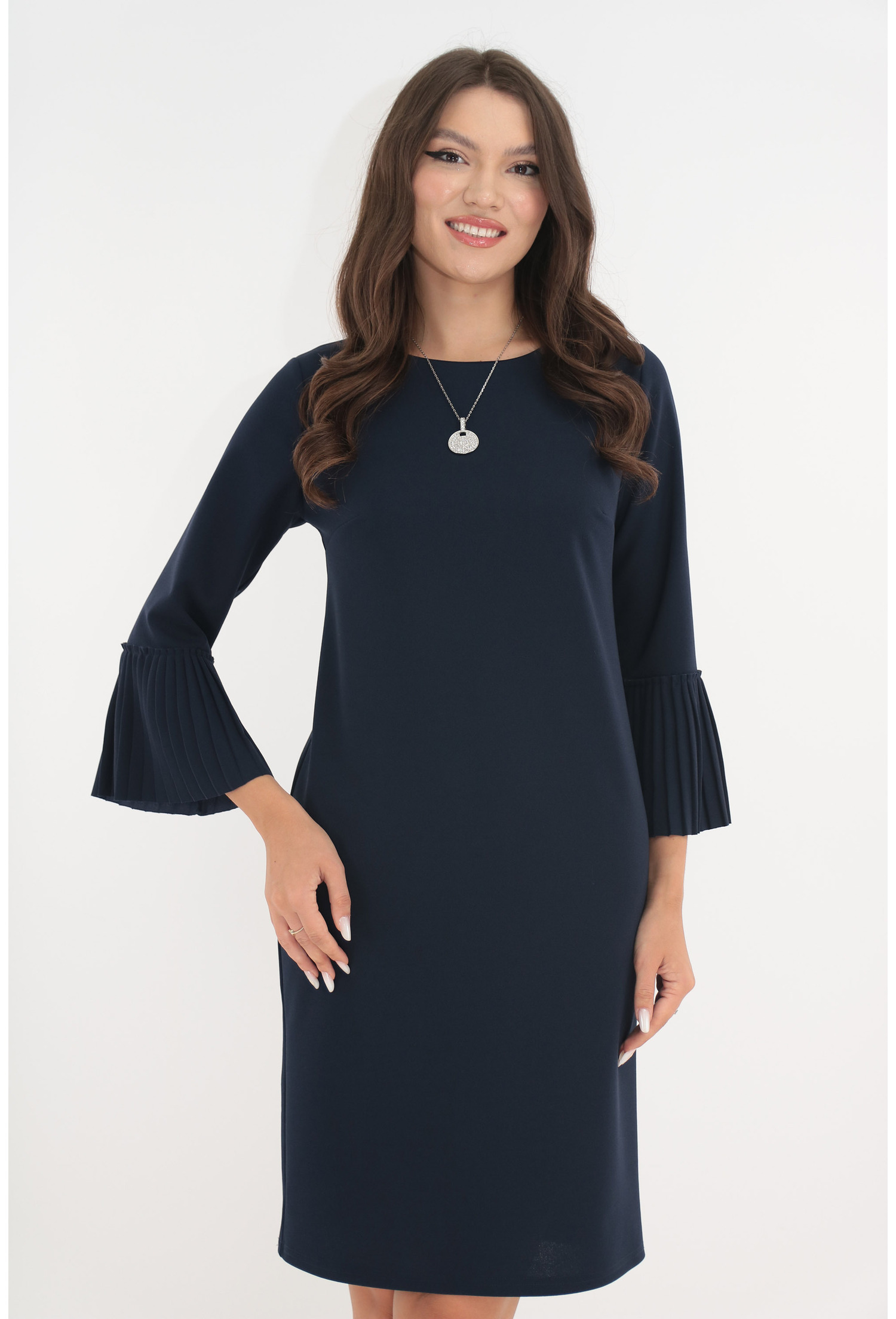 Rochie office bleumarin cu lantisor si volanase