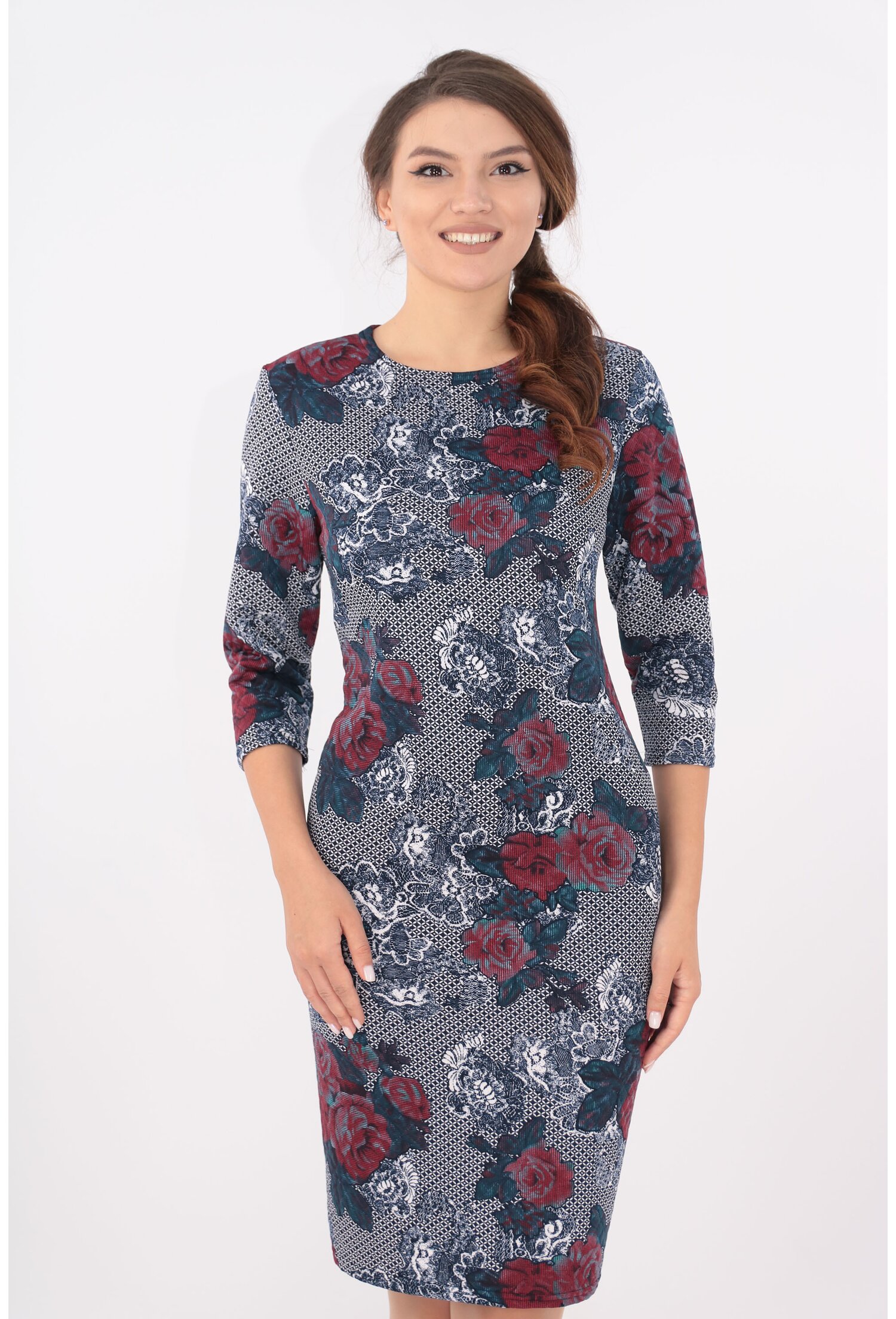 Rochie office bleumarin cu trandafiri maxi bordo