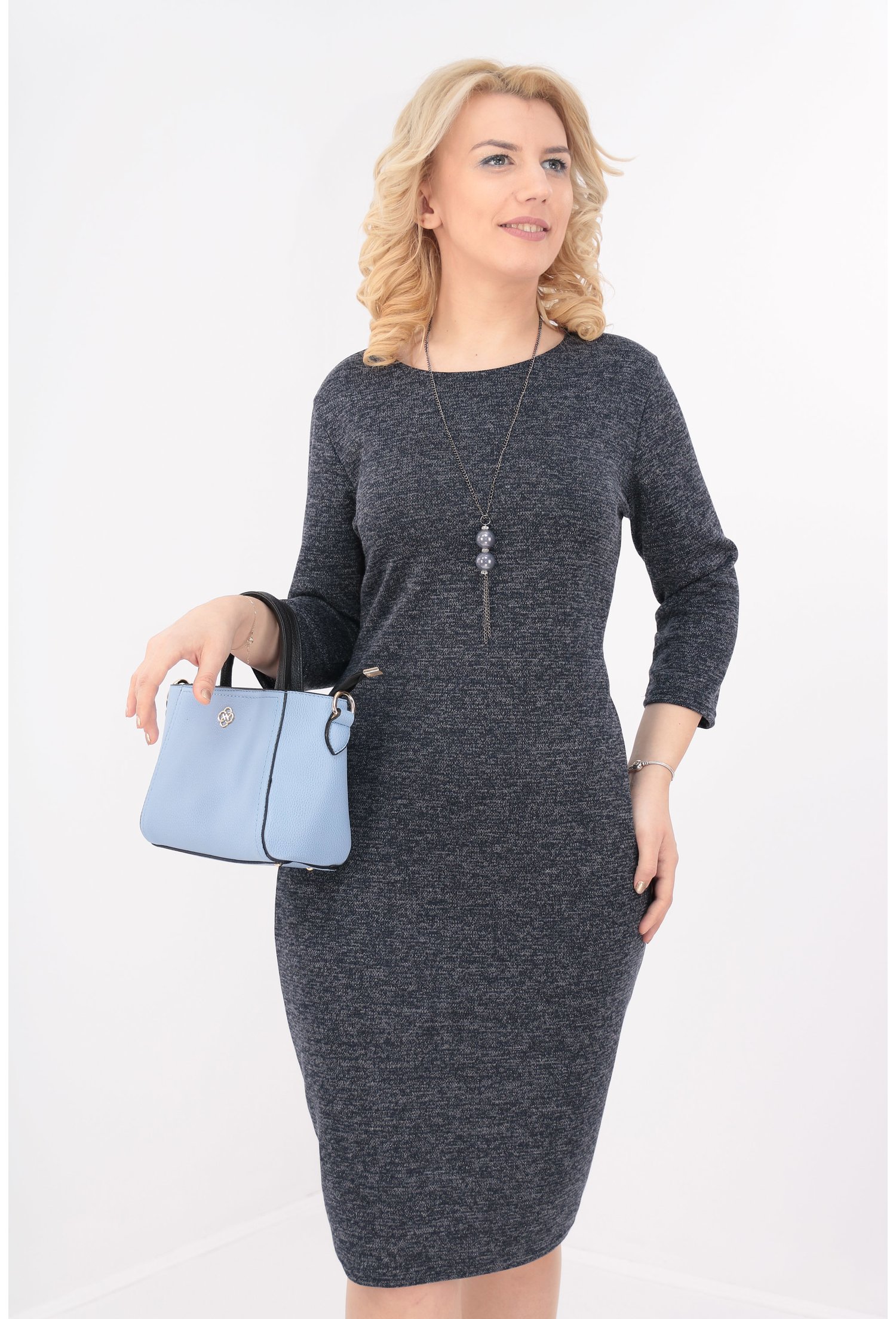 Rochie office bleumarin din jerse cu sclipici