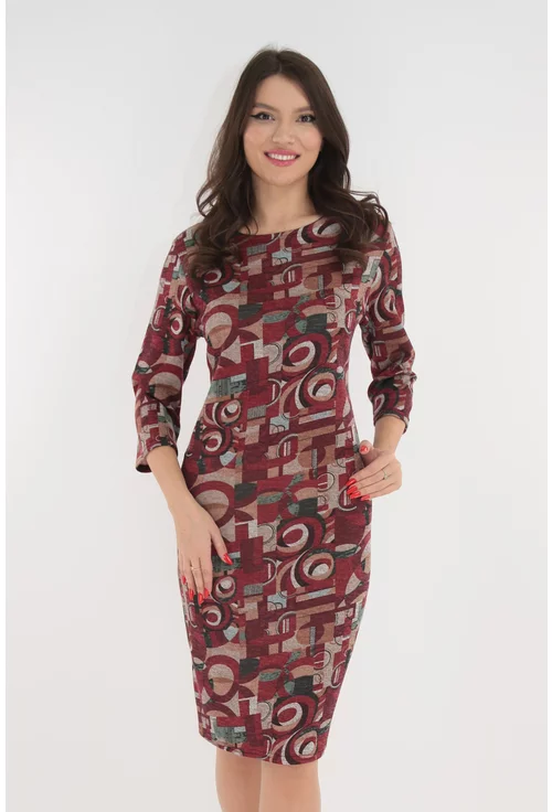 Rochie office bordo din jerse cu print abstract