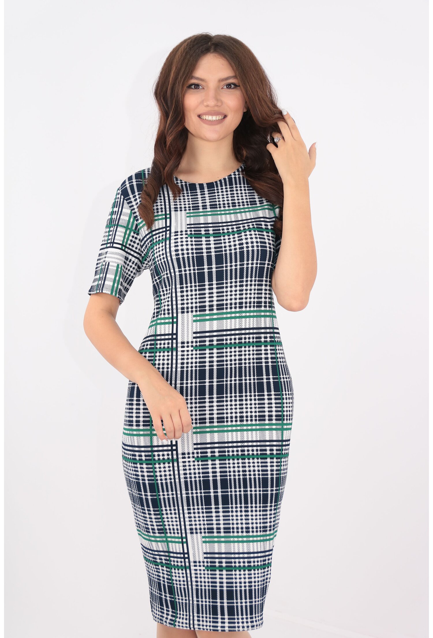 Rochie office cu carouri bleumarin-verzi