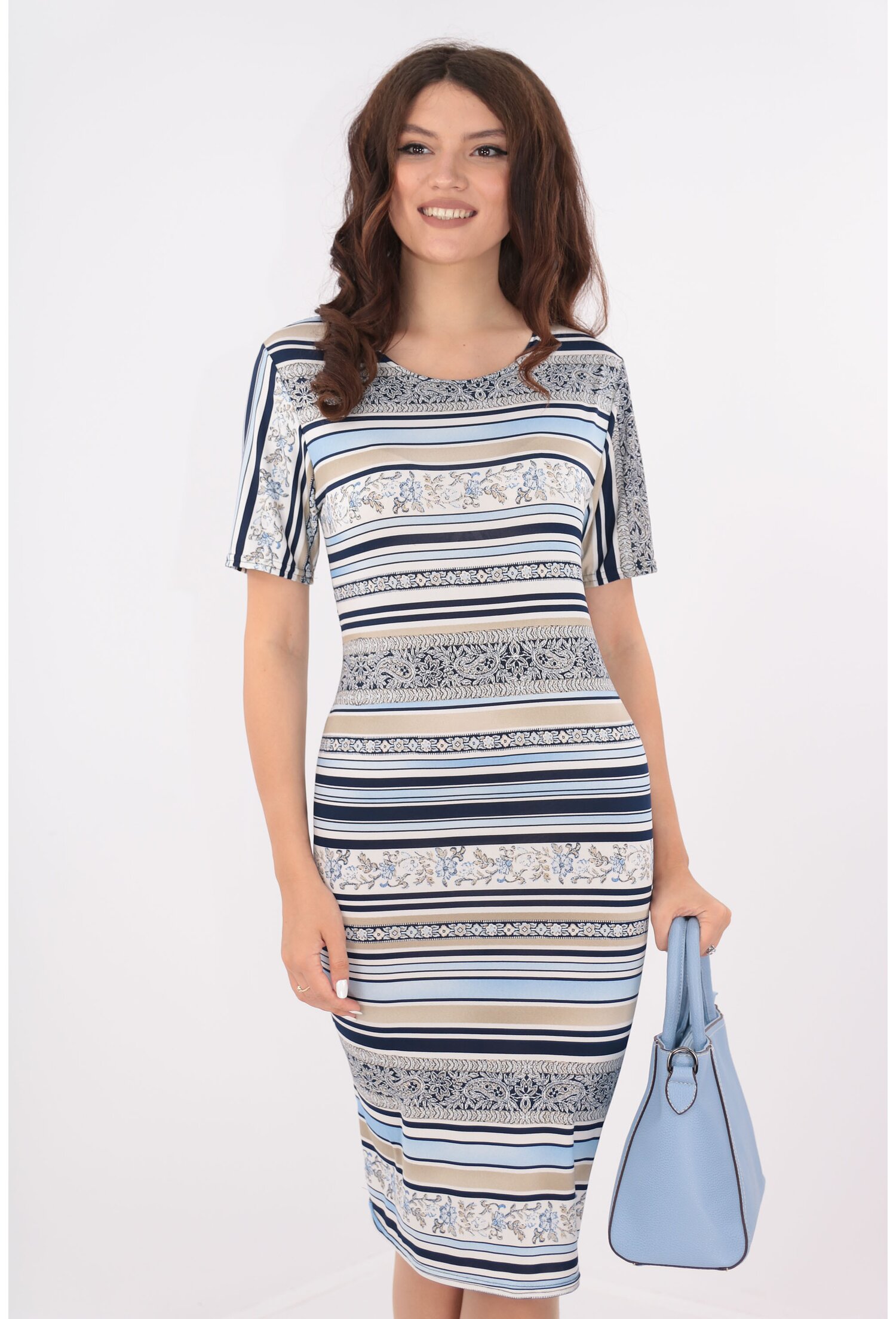 Rochie office cu dungi bleumarin si desen floral