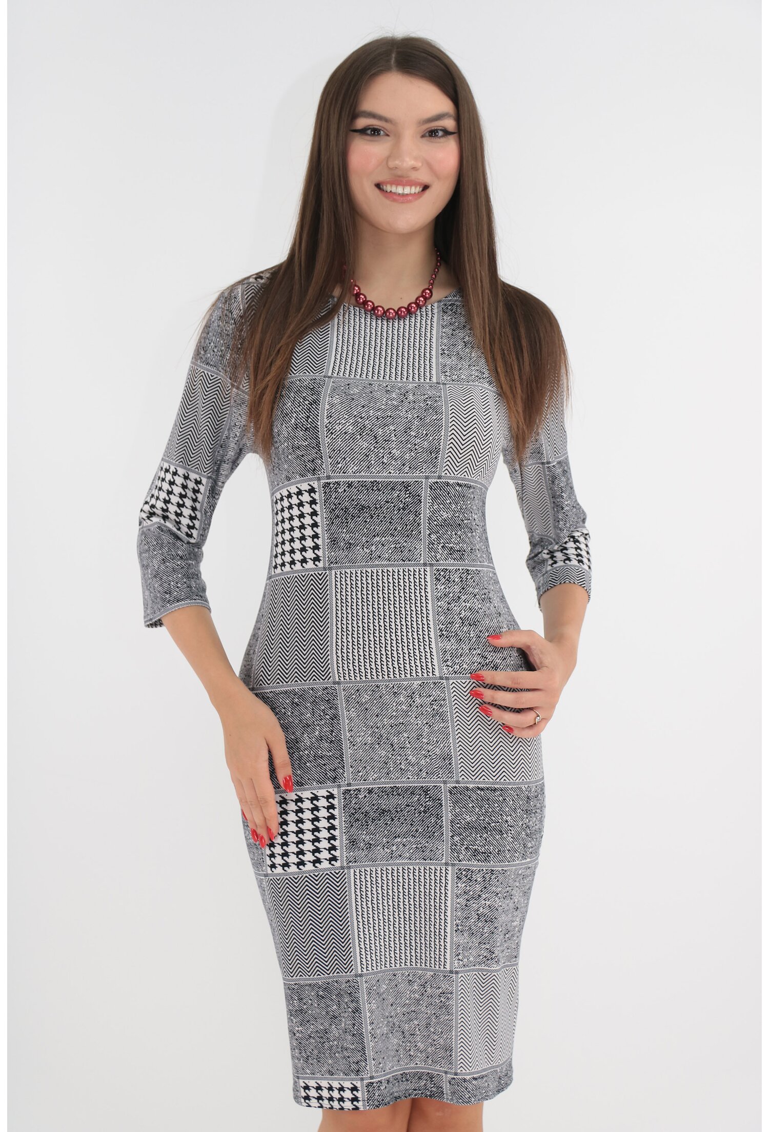 Rochie office cu imprimeu geometric alb-negru