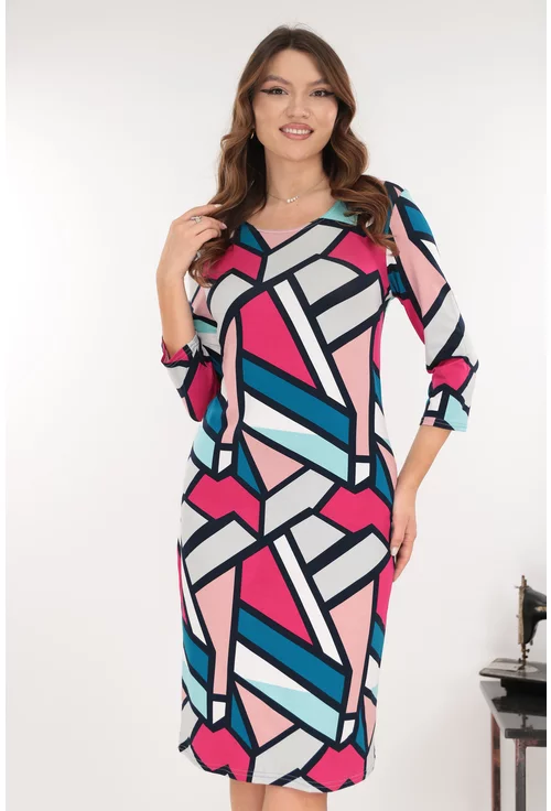 Rochie office cu imprimeu geometric roz-gri