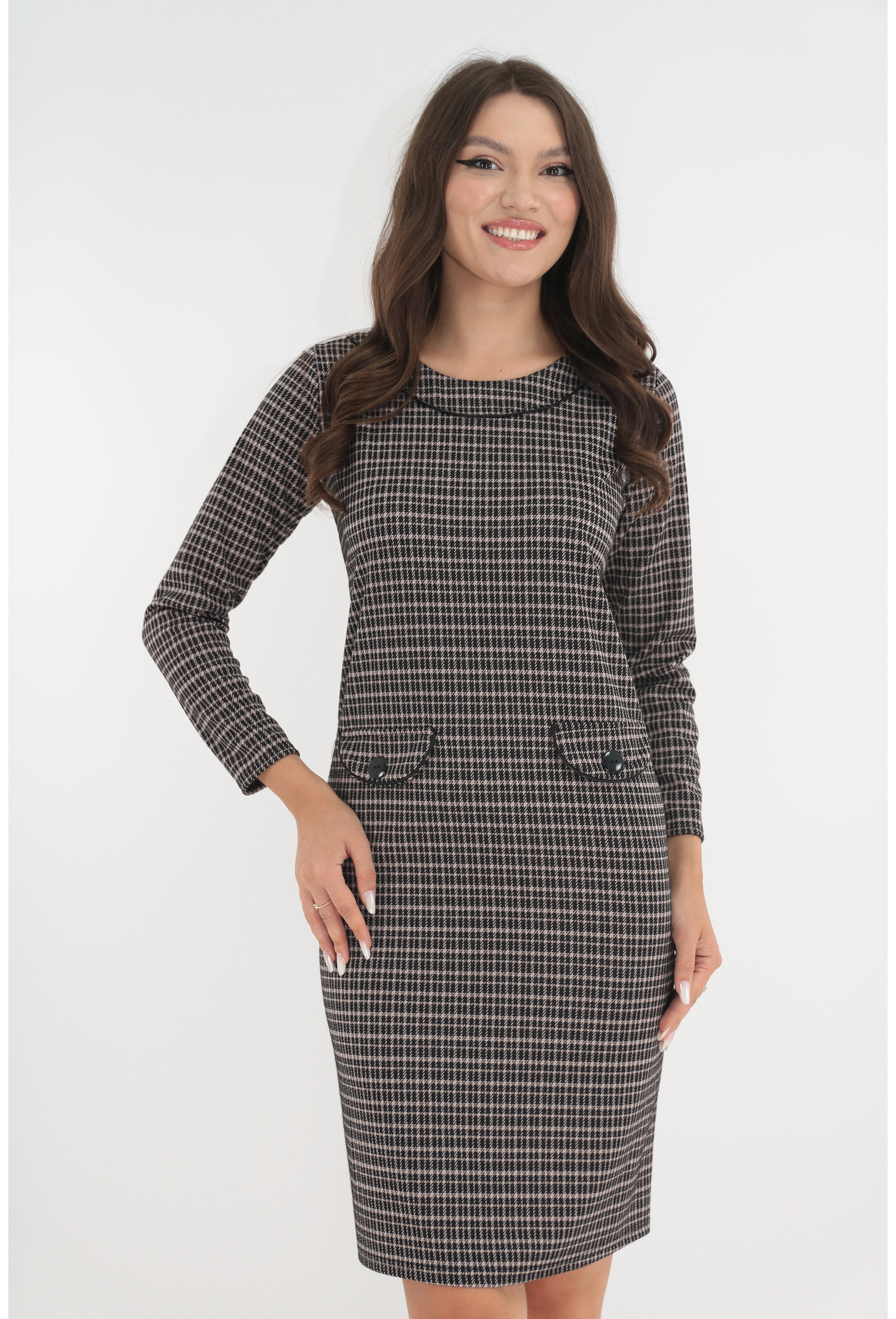 Rochie office cu imprimeu in carouri mici negre si crem