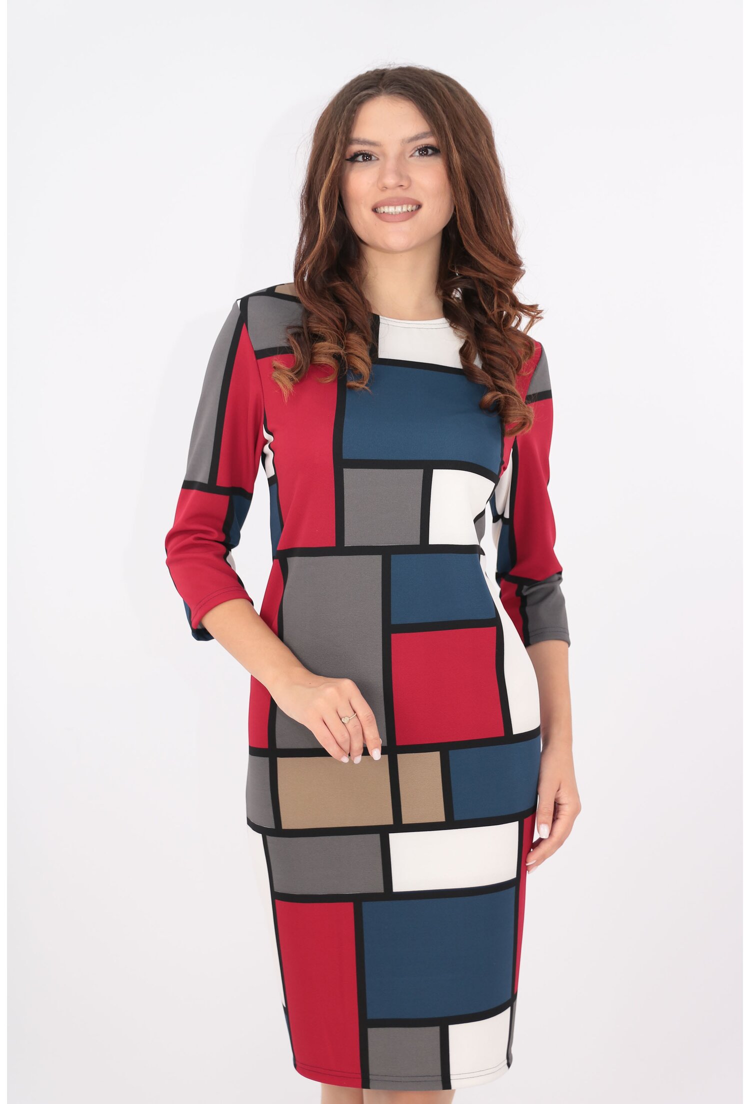 Rochie office cu patrate maxi rosii, albe