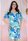 Rochie office cu print abstract albastru-verde