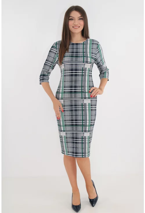 Rochie office cu print in carouri bleumarin si verzi