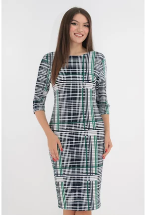 Rochie office cu print in carouri bleumarin si verzi