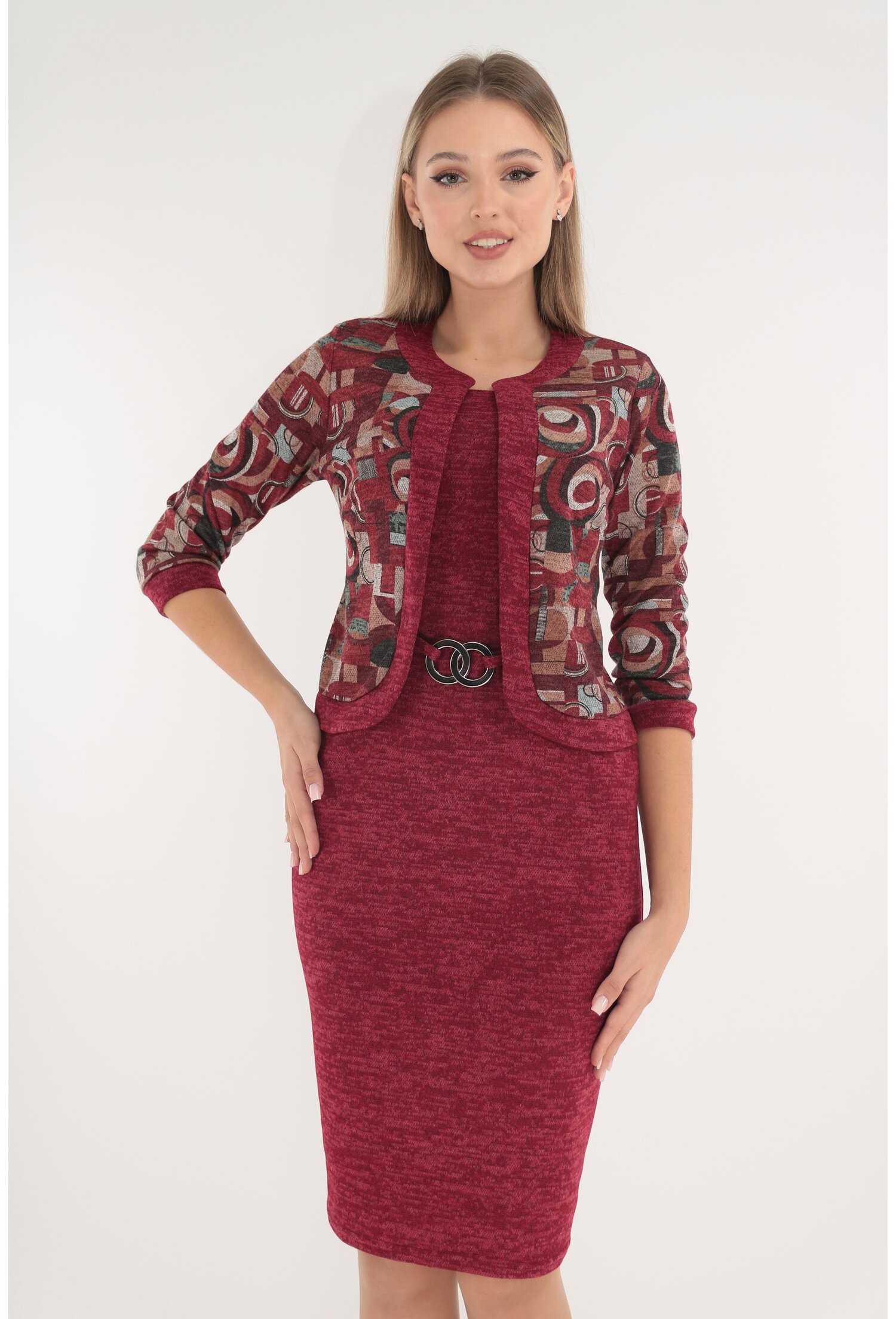 Rochie office din jerse bordo cu print abstract si aspect de costum