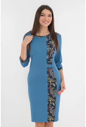 Rochie office din stofa albastra cu insertii florale