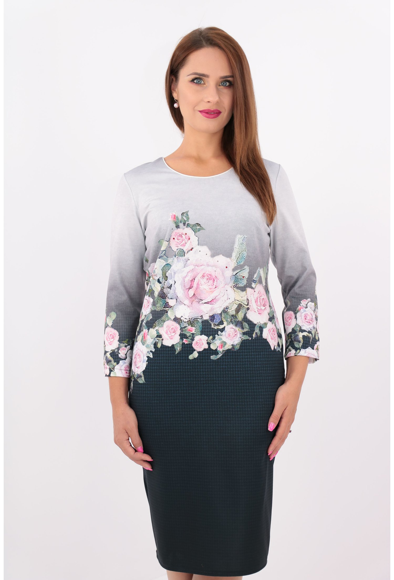 Rochie office dreapta din stofa gri-bleumarin cu print floral