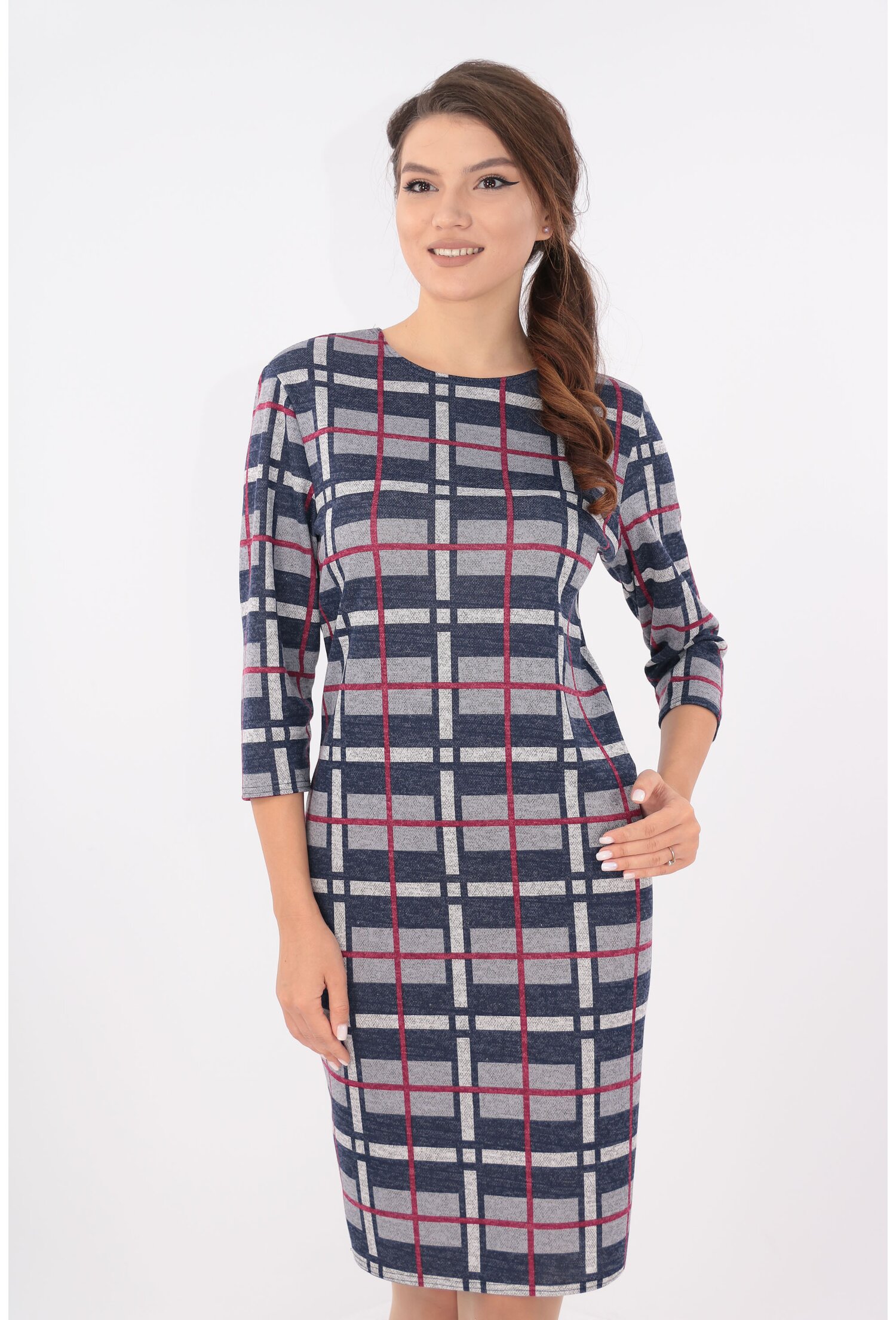 Rochie office gri cu carouri bleumarin si rosii