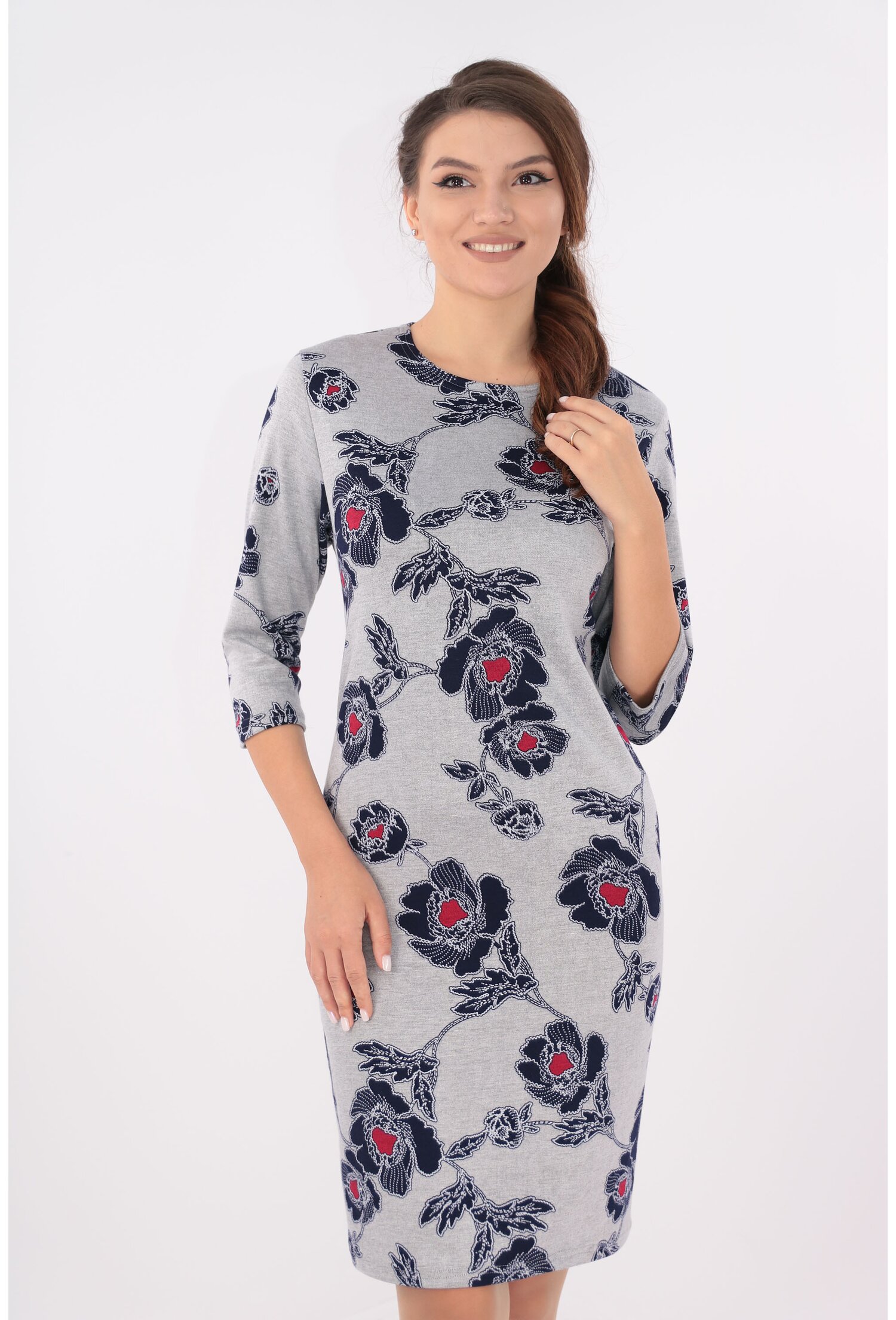 Rochie office gri cu flori maxi bleumarin