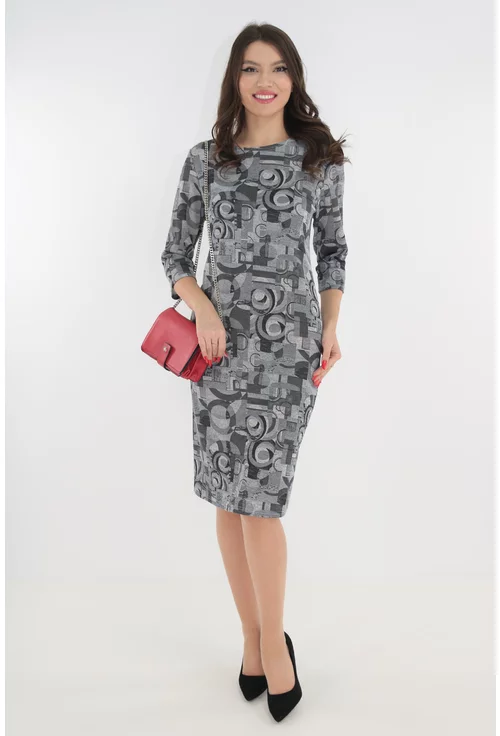 Rochie office gri din jerse cu print abstract