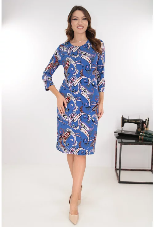 Rochie office indigo cu imprimeu abstract multicolor