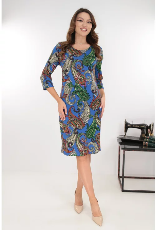 Rochie office indigo cu imprimeu abstract verde-orange