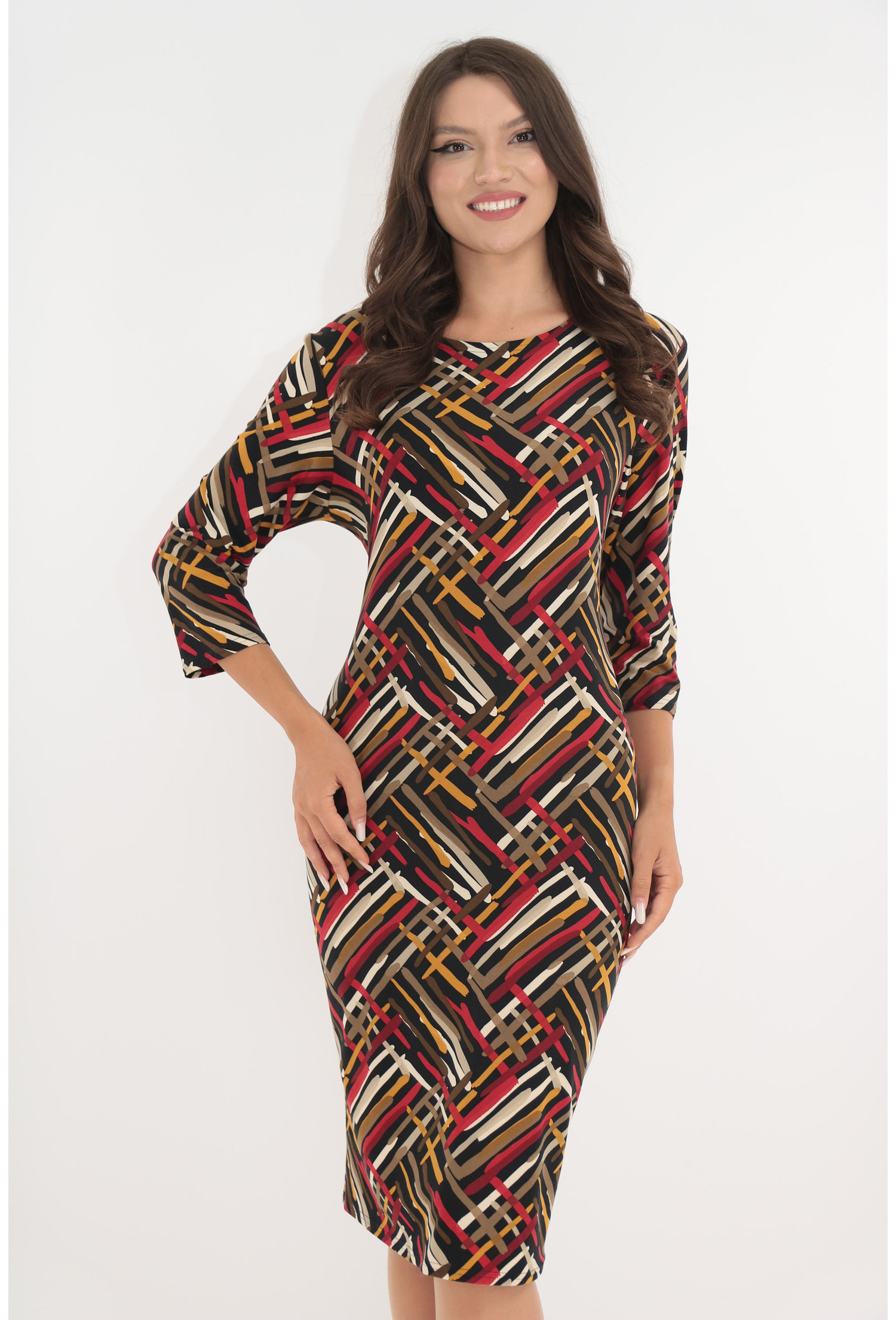 Poze Rochie office neagra cu print geometric rosu-mustar