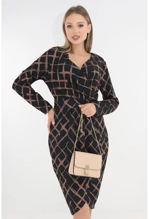 Rochie office neagra cu romburi maro imprimate