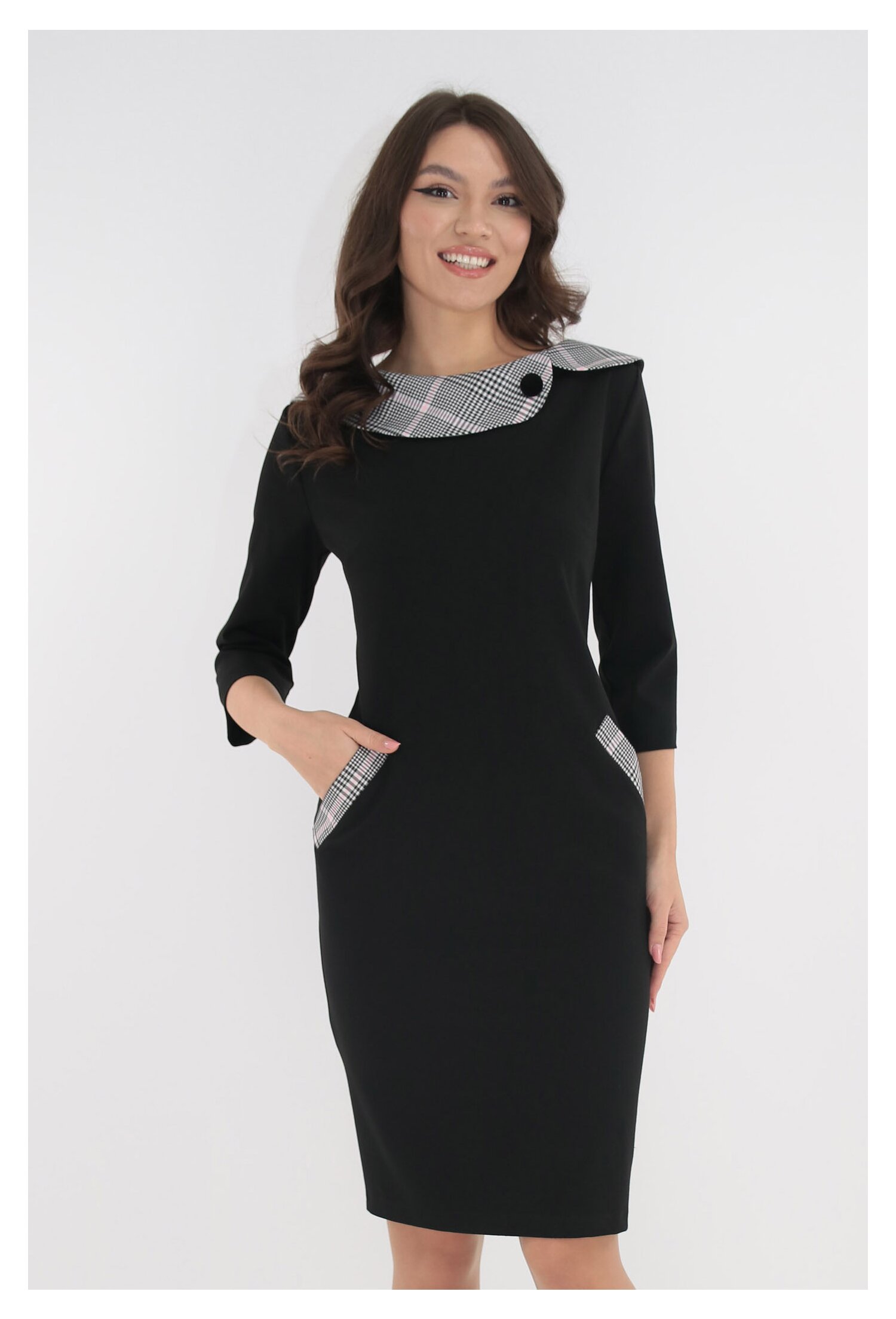 Poze Rochie office neagra cu stofa in carouri la guler si buzunare