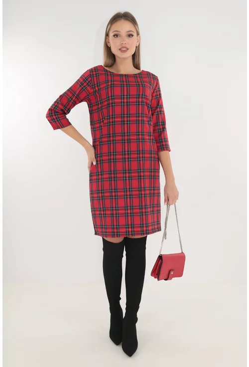 Rochie office rosie cu imprimeu in carouri si buzunare ascunse