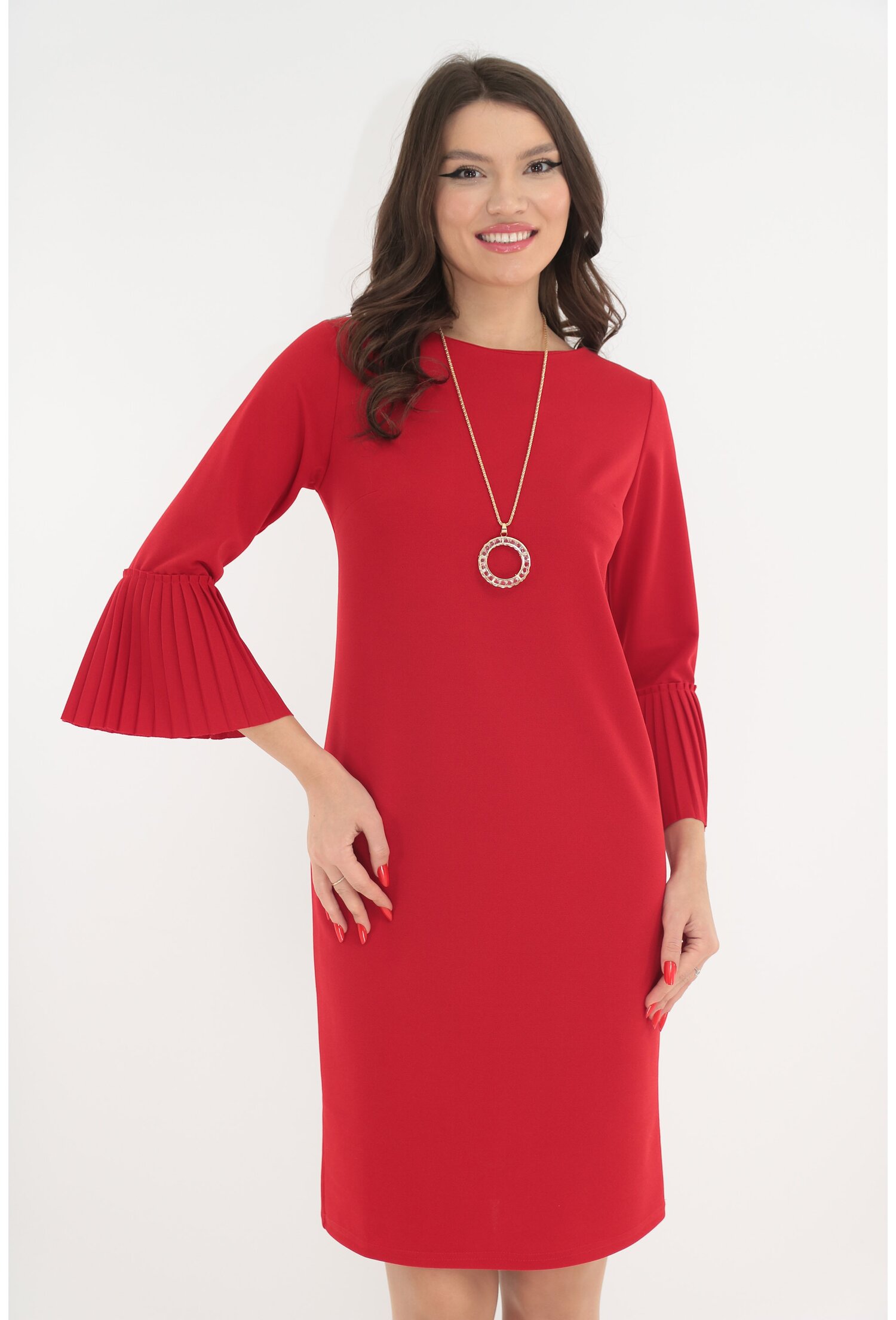 Rochie office rosie cu lantisor si volanase