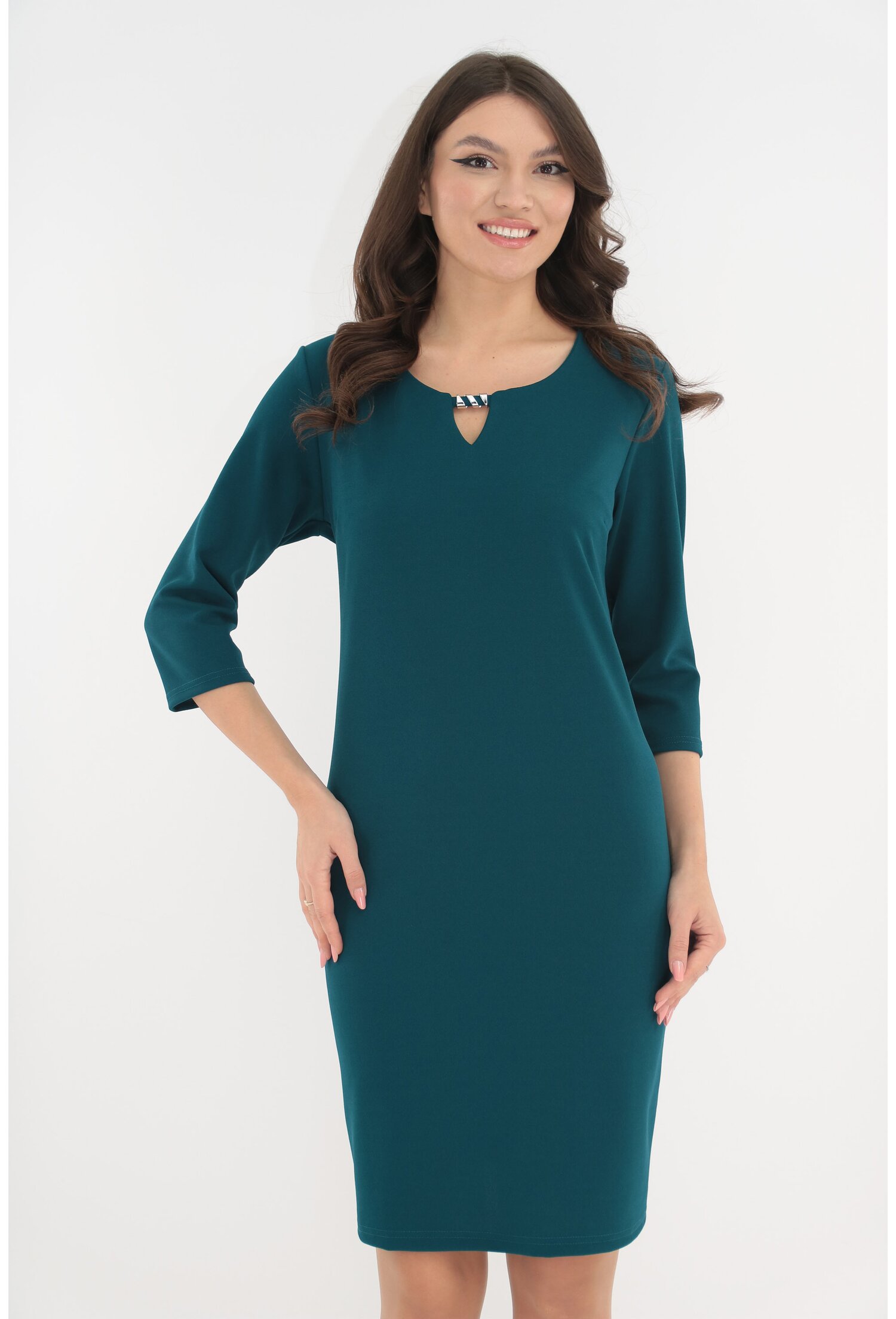 Poze Rochie office turcoaz cu accesoriu argintiu la decolteu