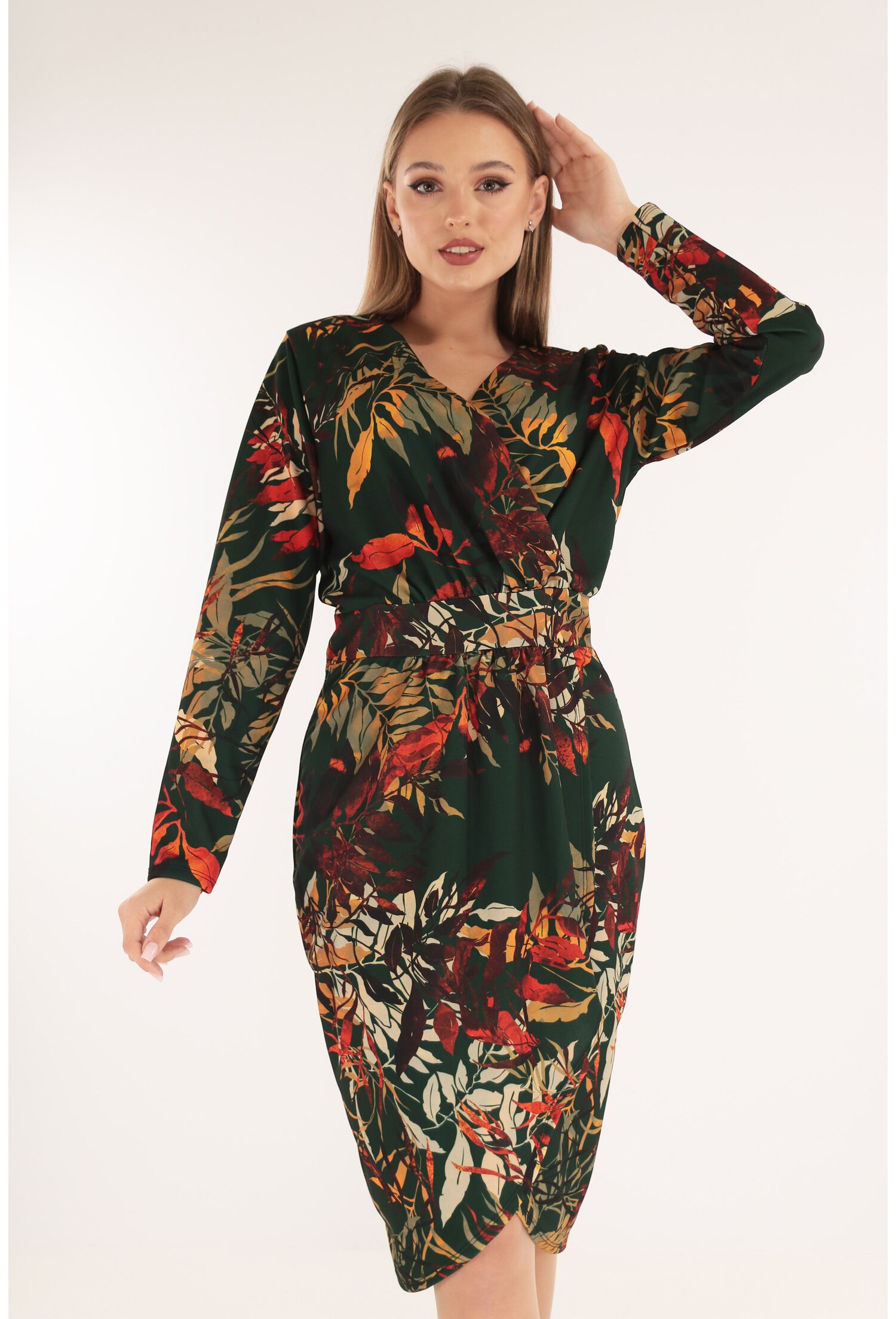 Rochie office verde cu print floral caramiziu