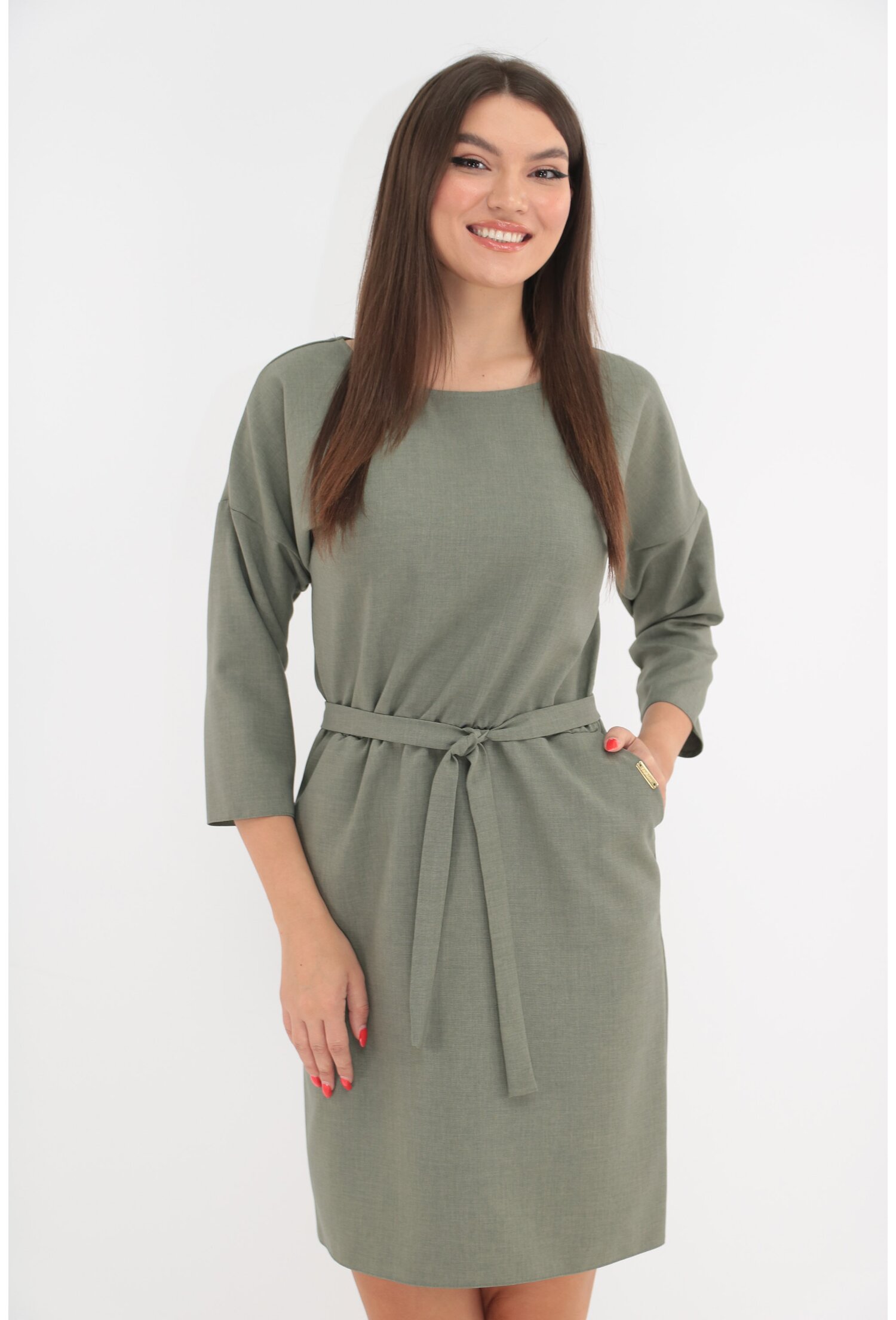 Rochie olive cu buzunare si cordon in talie