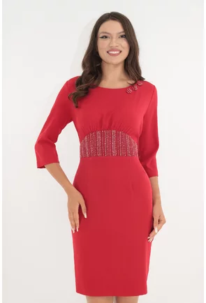 Rochie rosie cu insertii din brocart in talie