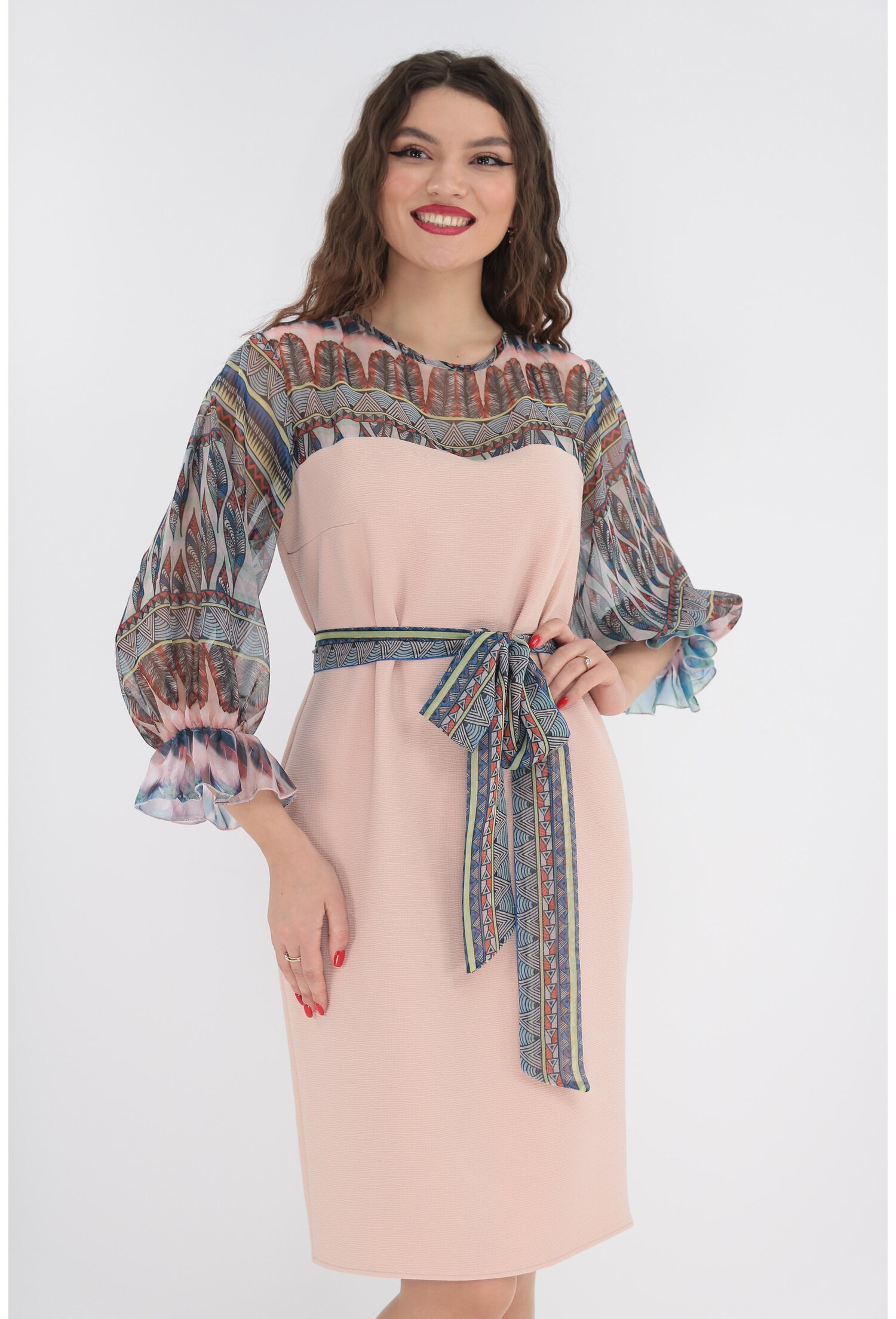 Rochie roz cu maneci din voal cu print abstract - Rochii office